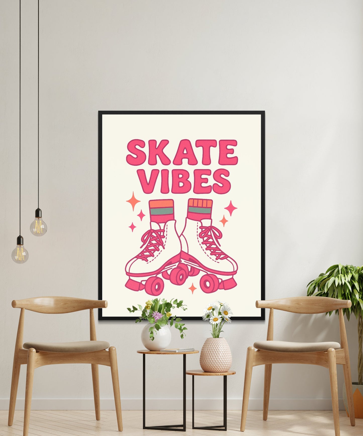 Retro Skate Vibes Poster, Pink Roller Skates Art Print, Vintage Style Wall Decor, Hipster Home Decoration, Gift for Skaters