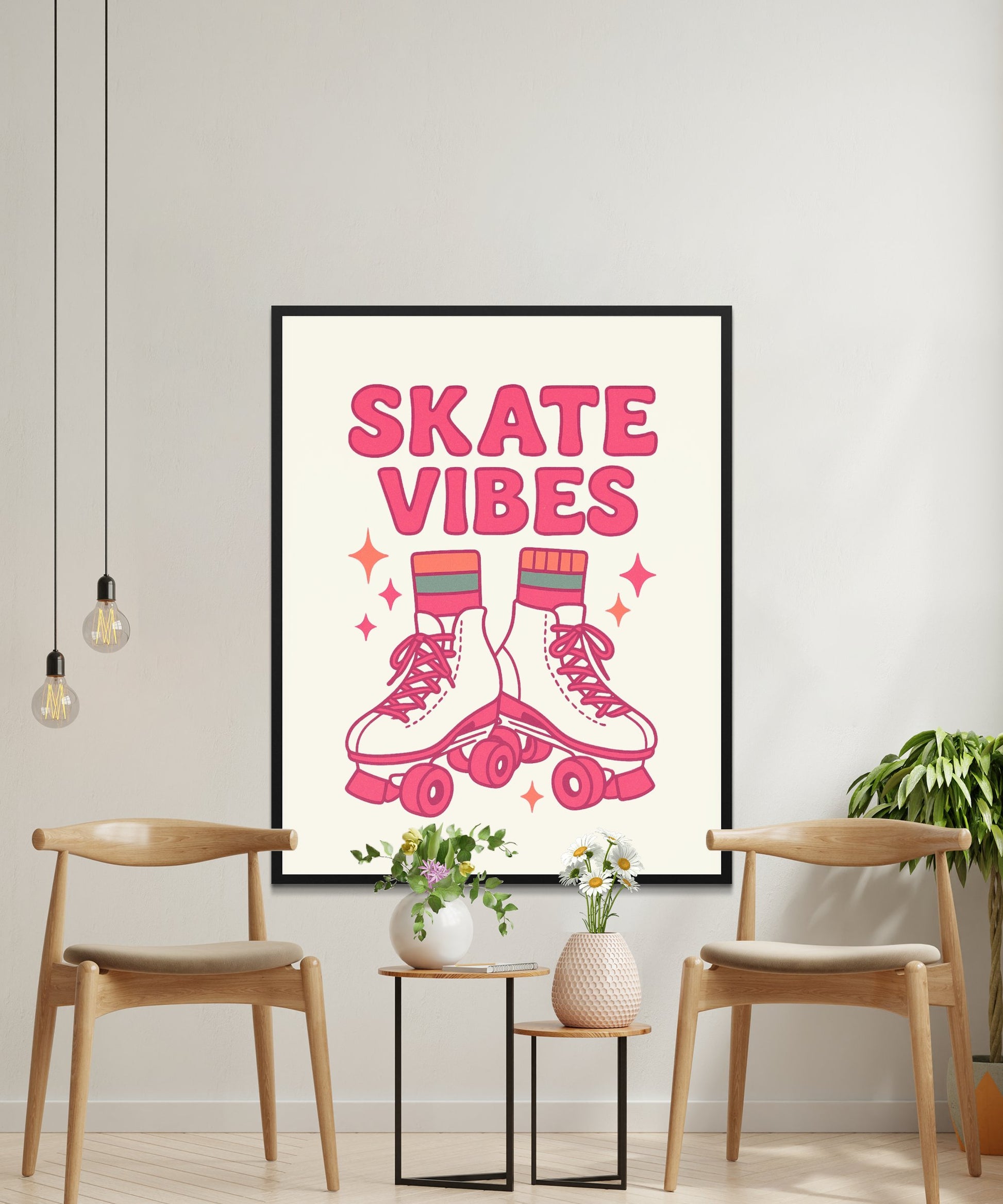 Retro Skate Vibes Poster, Pink Roller Skates Art Print, Vintage Style Wall Decor, Hipster Home Decoration, Gift for Skaters
