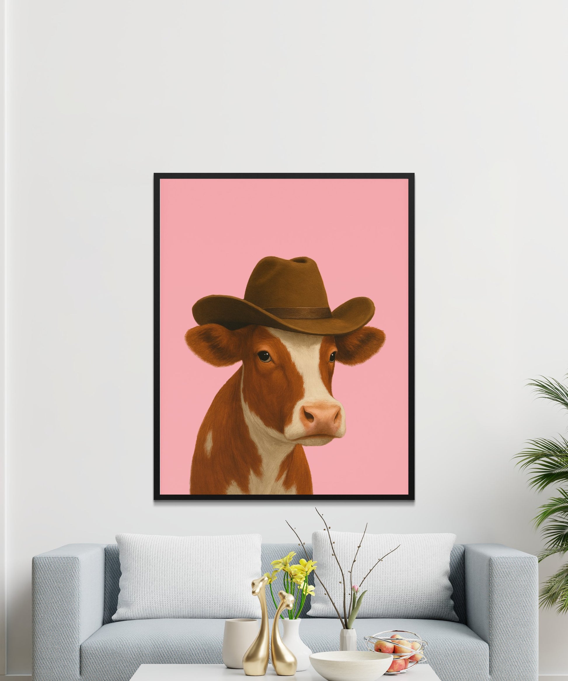 Quirky Cow with Hat Art Print, Modern Farmhouse Decor, Pink Wall Poster for Living Room, Unique Animal Artwork