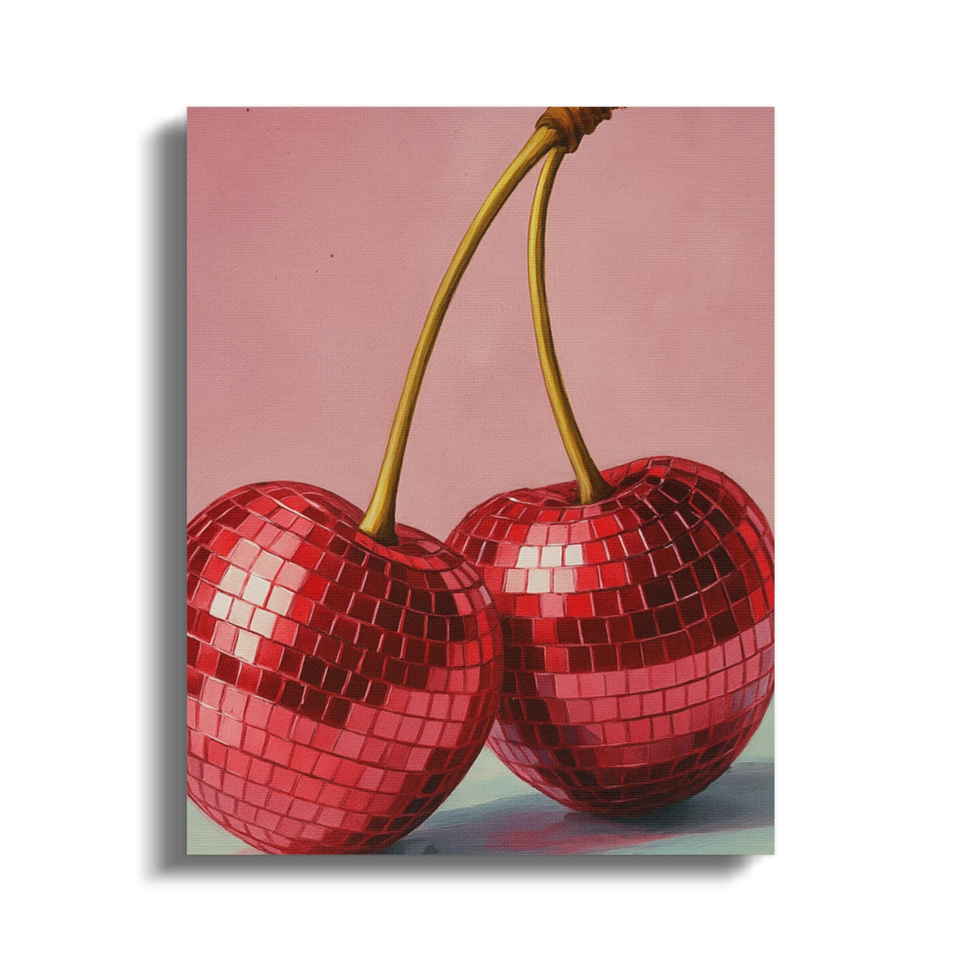 Cherry Disco Ball Canvas Print, Pink Background Wall Art, Funky Kitchen Decor, Unique Gift Idea