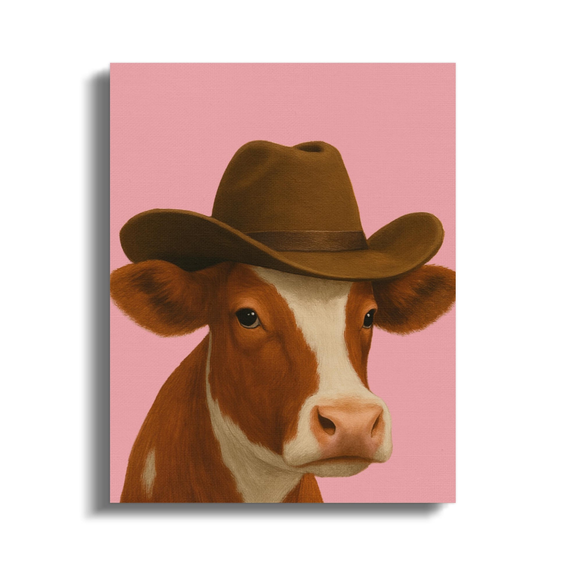Farmhouse Decor, Cowboy Hat Cow Painting, Modern Rustic Wall Art, Pink Background, Country Style Canvas Print, Home Decor Artwork