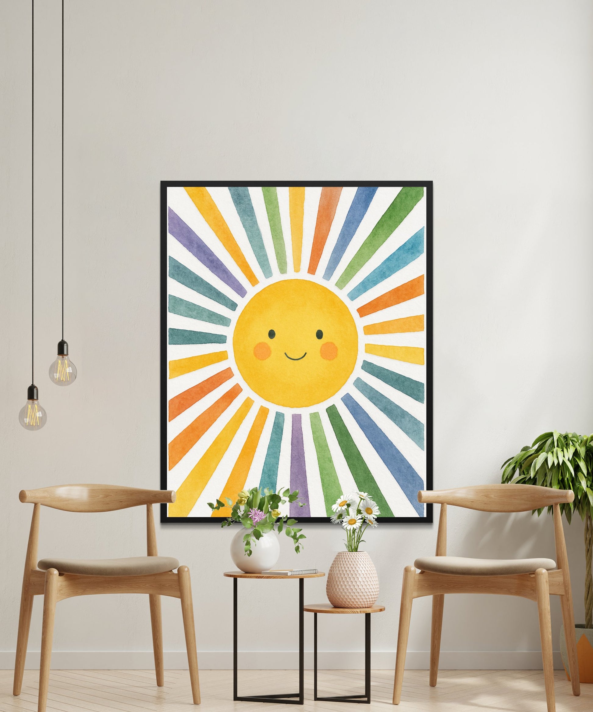 Colorful Sunburst Wall Art, Smiling Sun Nursery Decor, Rainbow Sun Poster, Bright Playroom Decoration