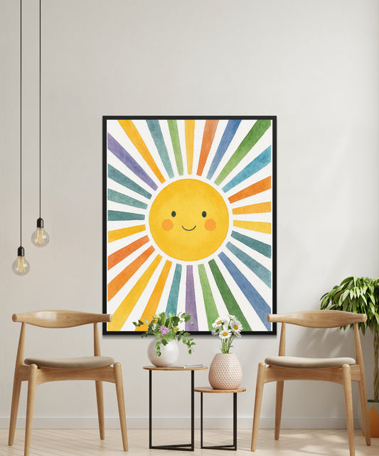 Colorful Sunburst Wall Art, Smiling Sun Nursery Decor, Rainbow Sun Poster, Bright Playroom Decoration