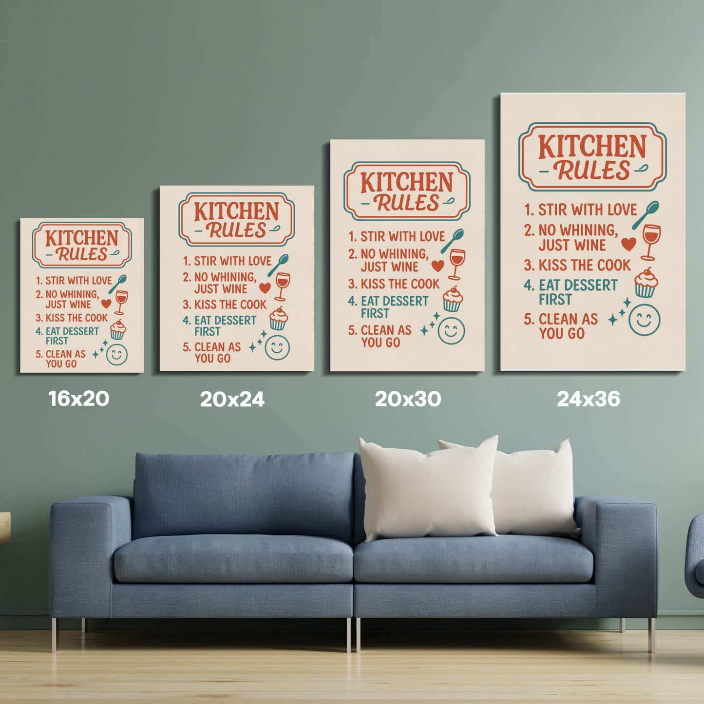 Kitchen Rules Wall Art Canvas Prints, Modern Kitchen Decor, Set of 4 Posters, Various Sizes Available