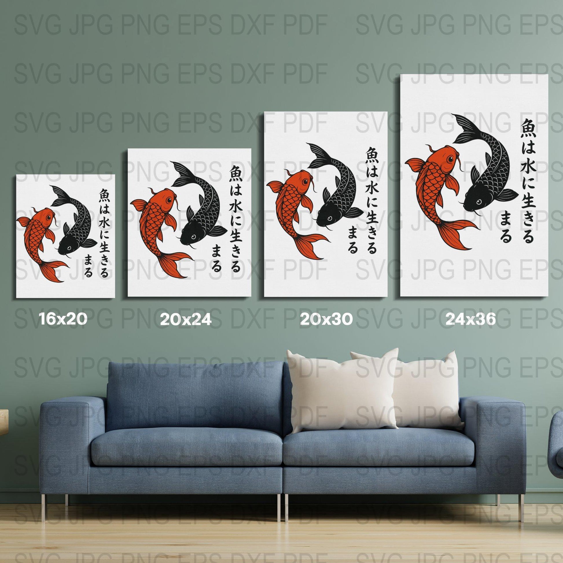Japanese Koi Fish Art Prints, Canvas Wall Decor, Traditional Asian Style Home Decor, Set of Four, Multiple Sizes Available