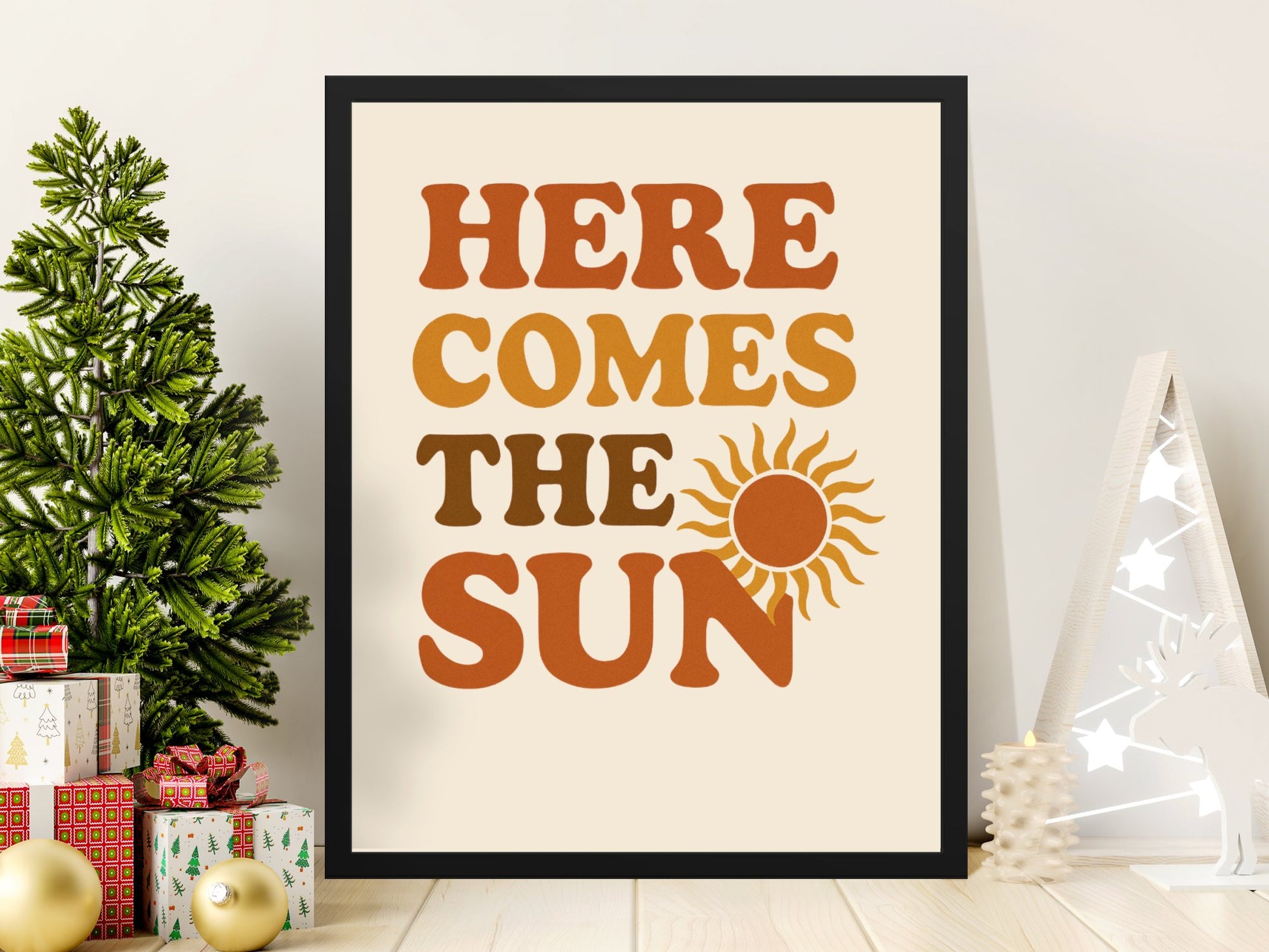 Here Comes the Sun Wall Art Print, Vintage Sun Poster, Boho Chic Home Decor, Inspirational Quote Artwork