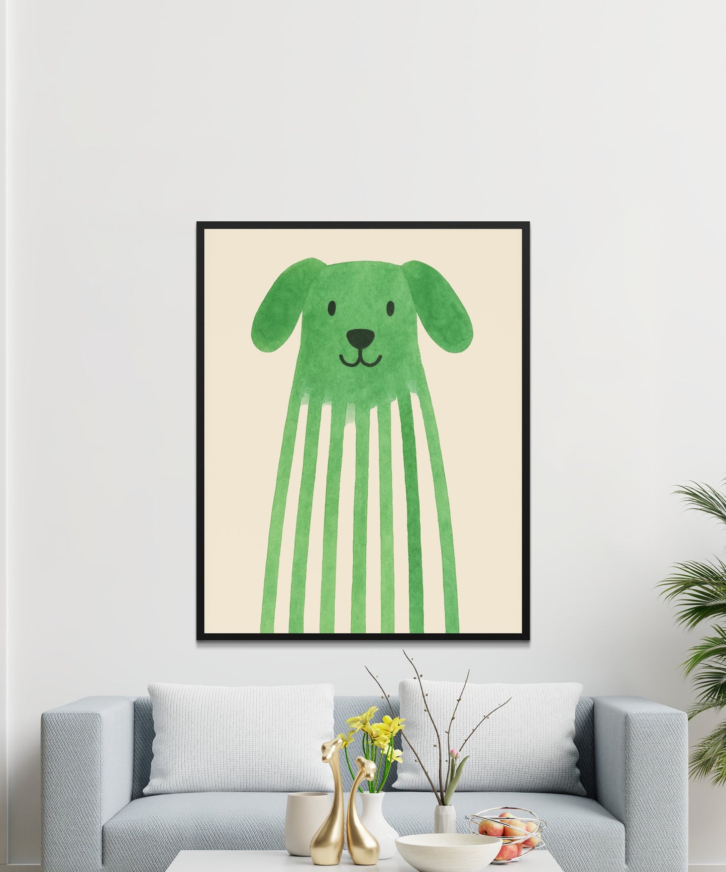 Cute Green Striped Dog Wall Art, Modern Minimalist Nursery Decor, Kids Room Playful Animal Print