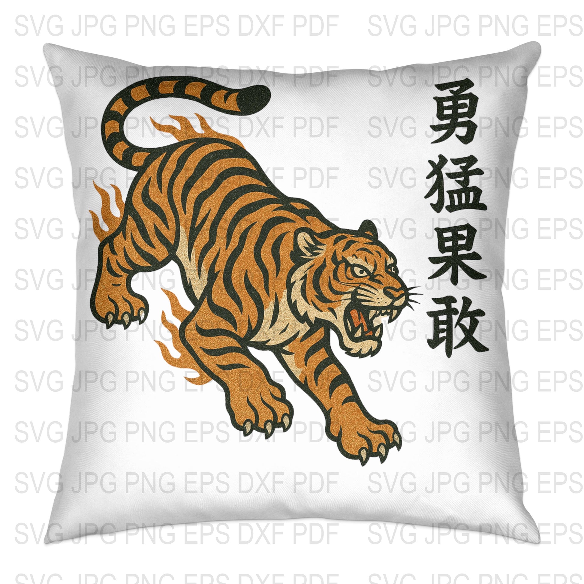 Tiger Print Cushion Cover, Asian Characters, Vintage Style Graphic, Home Decor Throw Pillow, Bold Animal Design, Unique Living Room