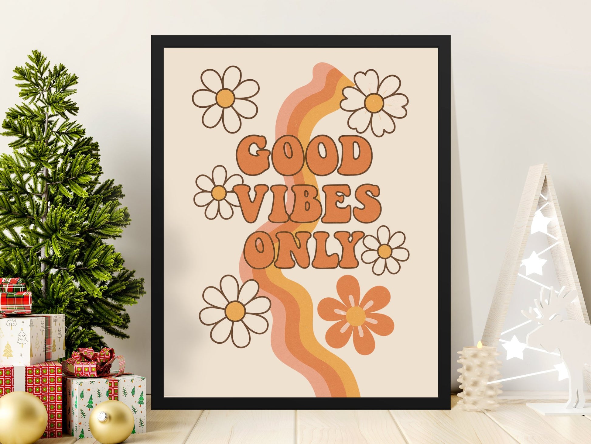 Good Vibes Only Floral Poster, Retro Wall Art, Inspirational Quote Print, Home Decor, Christmas Gift Idea