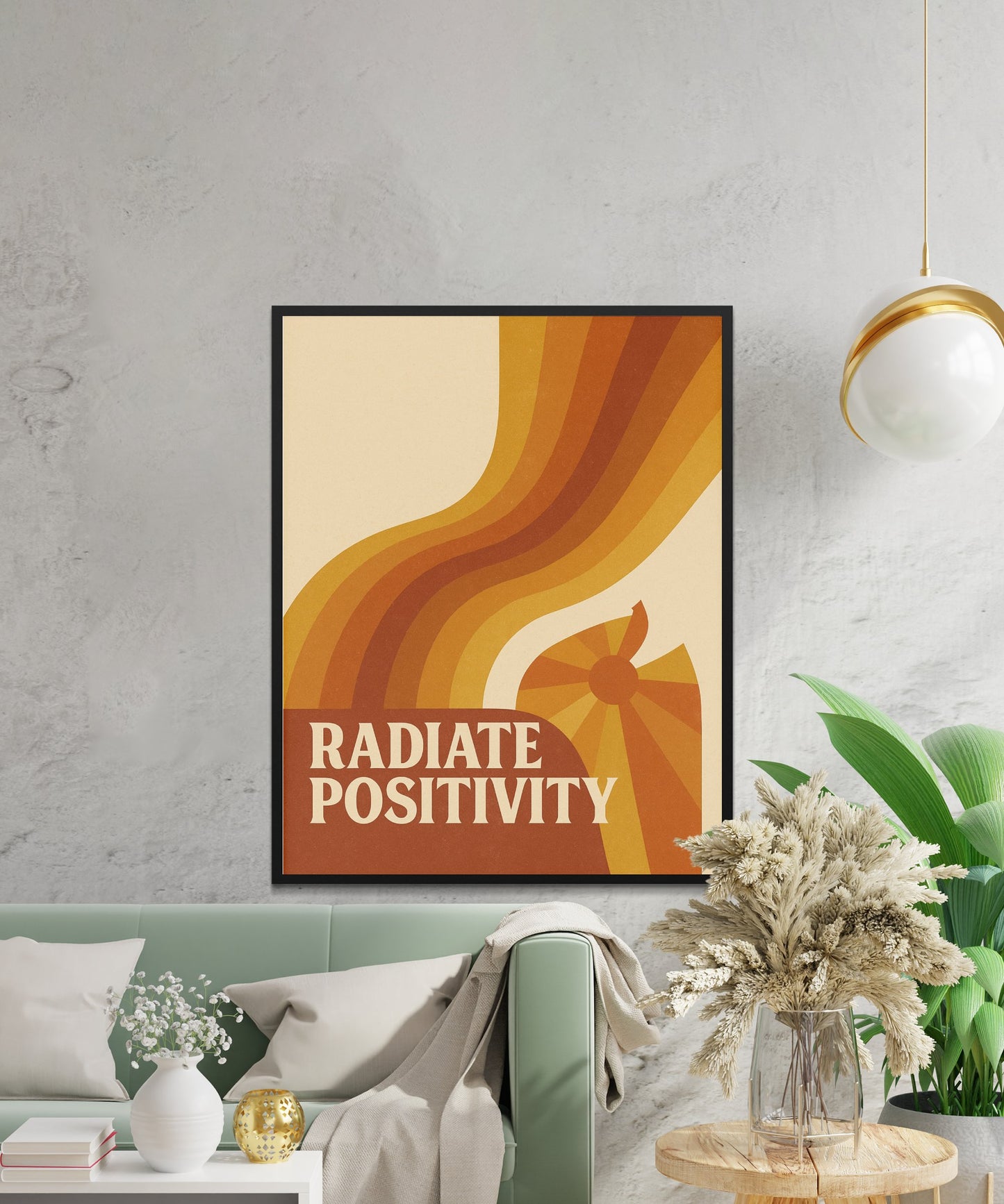 Radiate Positivity Retro Wall Art, Vintage Style Inspirational Quote Poster, Home Decor, Office Artwork, Warm Color Palette