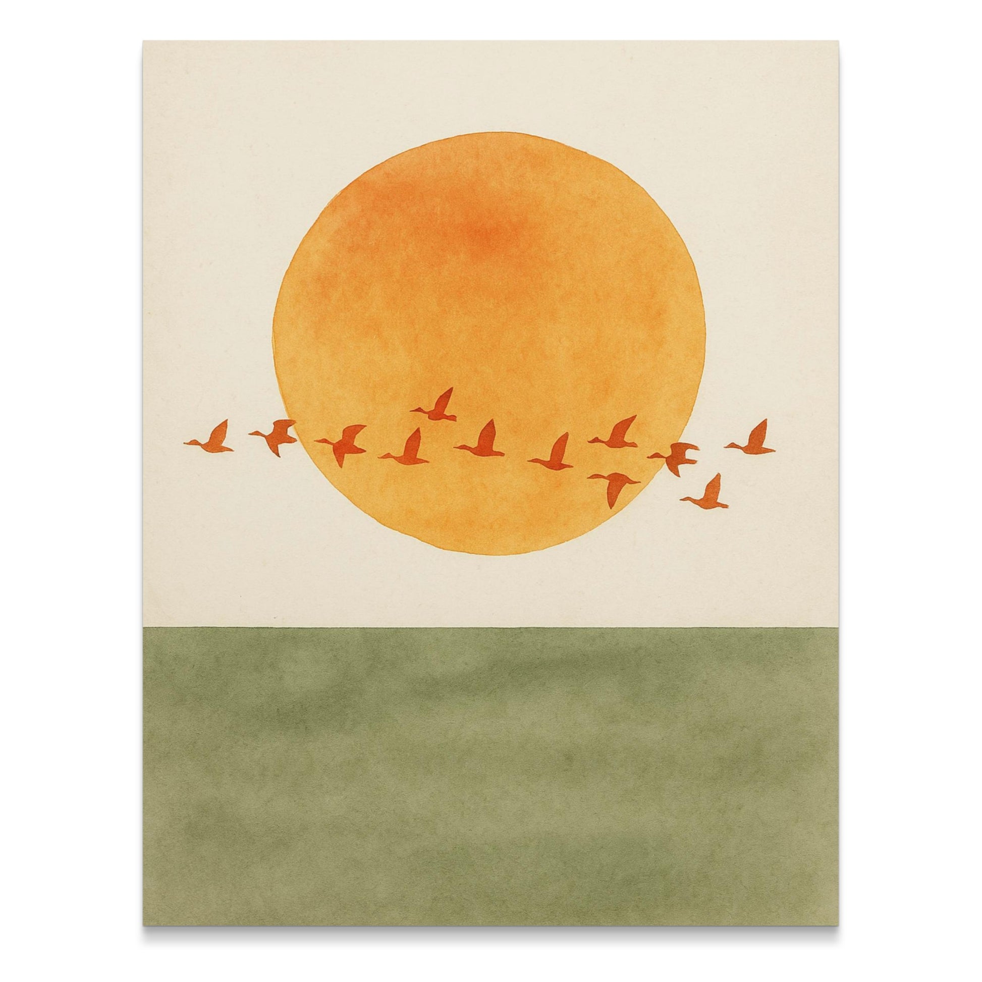 Abstract Sunset Art Print, Orange Circle with Flying Birds, Minimalist Wall Decor, Modern Home Decoration, Nature Inspired Artwork