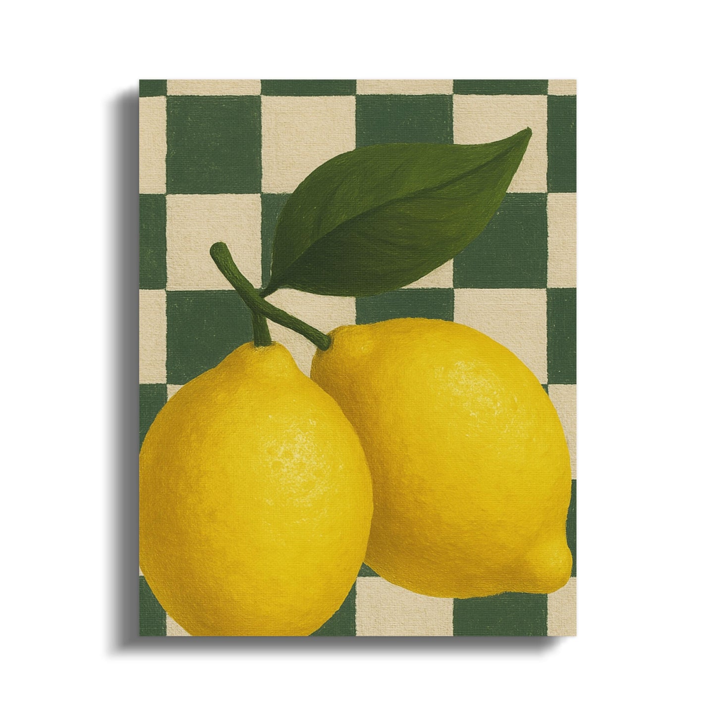 Vintage Lemon Art Print, Rustic Kitchen Wall Decor, Checkered Background, Yellow Fruit Painting, Farmhouse Style Home Artwork