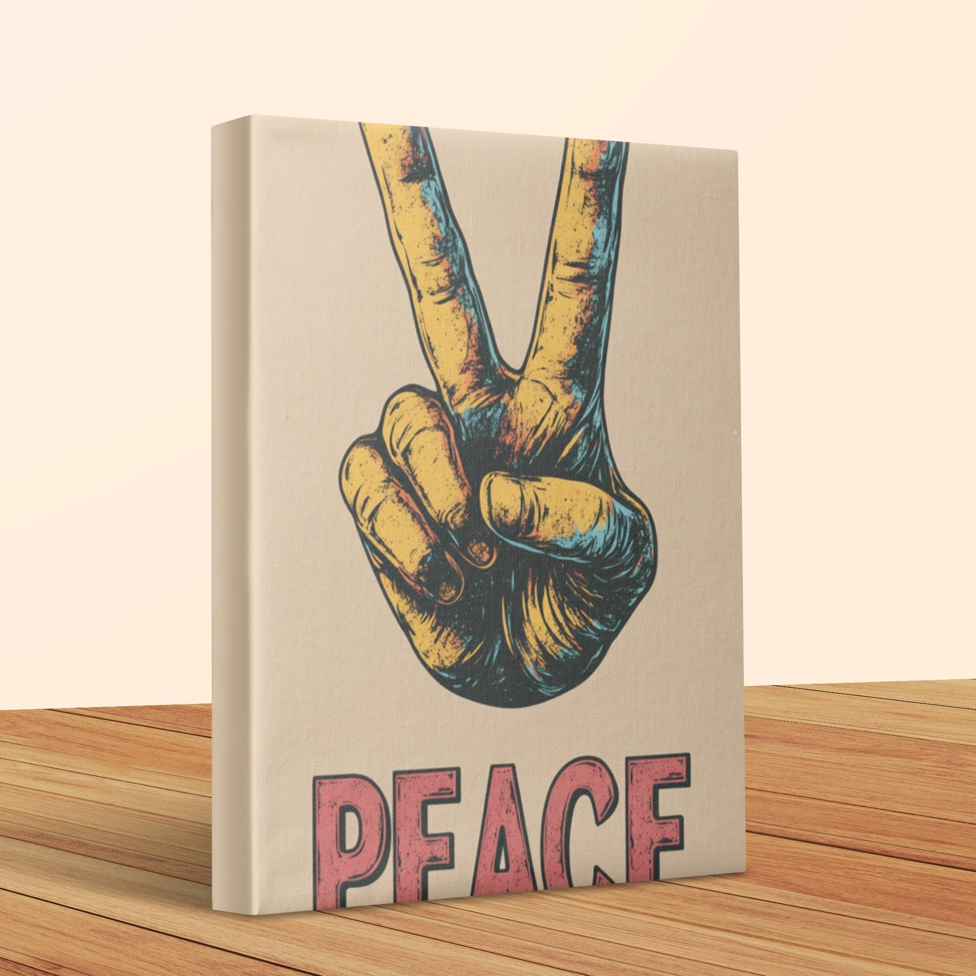Vintage Peace Sign Canvas Print, Retro Hand Gesture Wall Art, Colorful Hippie Decor, 70s Inspired Home Decoration