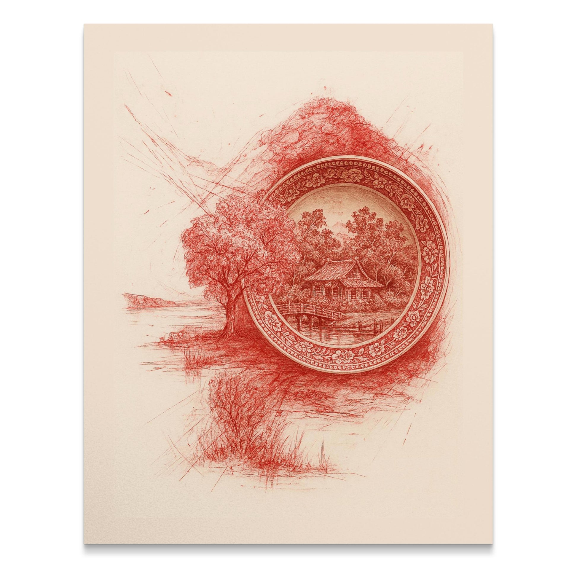 Vintage Asian Landscape Art Print, Red Ink Drawing, Traditional Chinese Pagoda and Trees, Wall Decor, Collectible Artwork