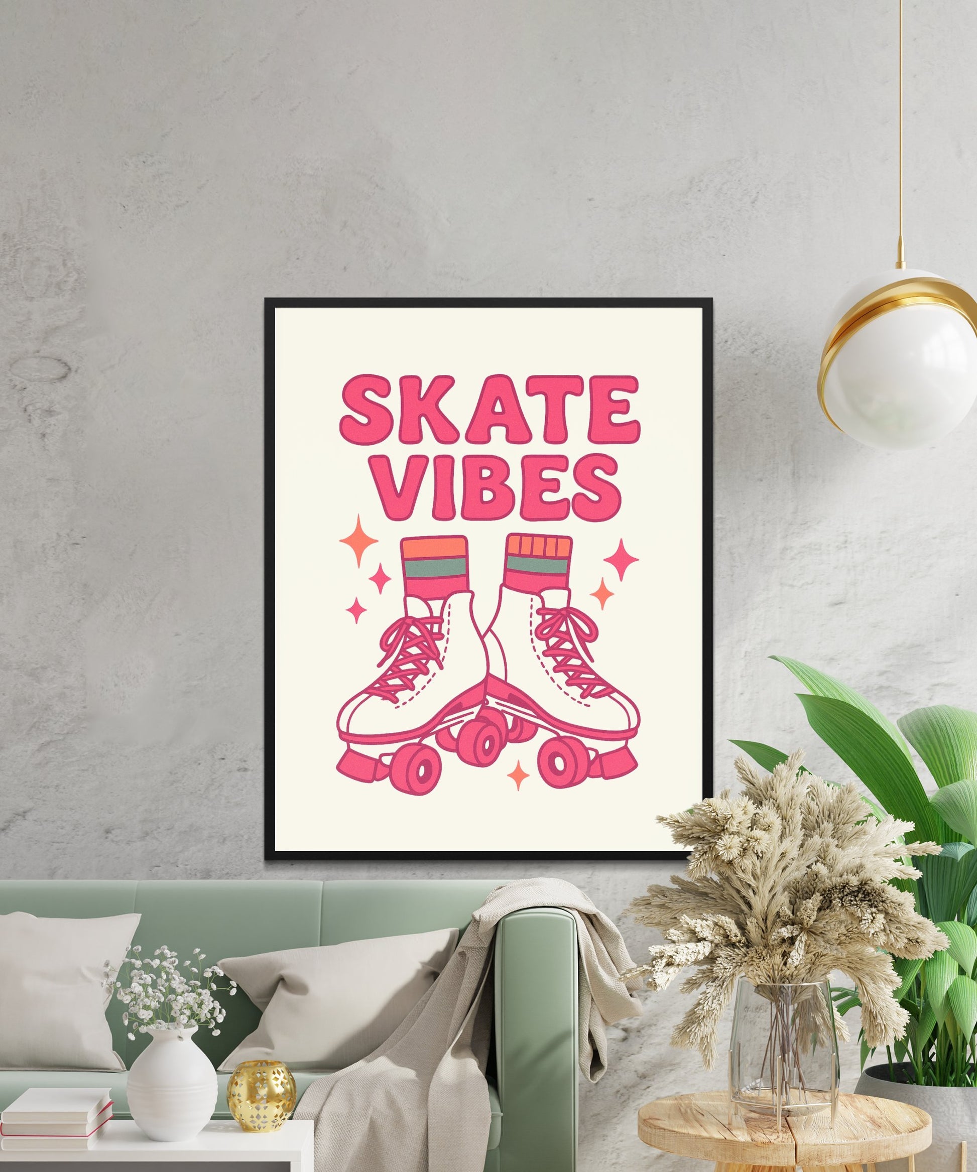 Retro Roller Skates Poster, Pink Skate Vibes Wall Art, Vintage Style Home Decor, Trendy Living Room Illustration, Gift for Skaters