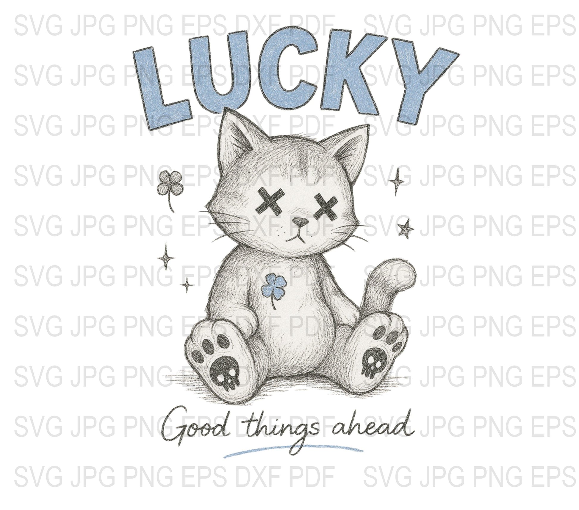 Lucky Cat Drawing Digital Download, Cute Kitten Sketch Art, SVG, JPG, PNG Formats, Craft Supplies and Tools
