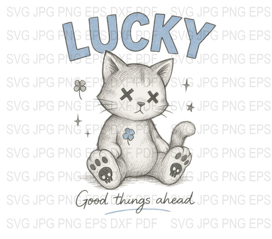 Lucky Cat Drawing Digital Download, Cute Kitten Sketch Art, SVG, JPG, PNG Formats, Craft Supplies and Tools