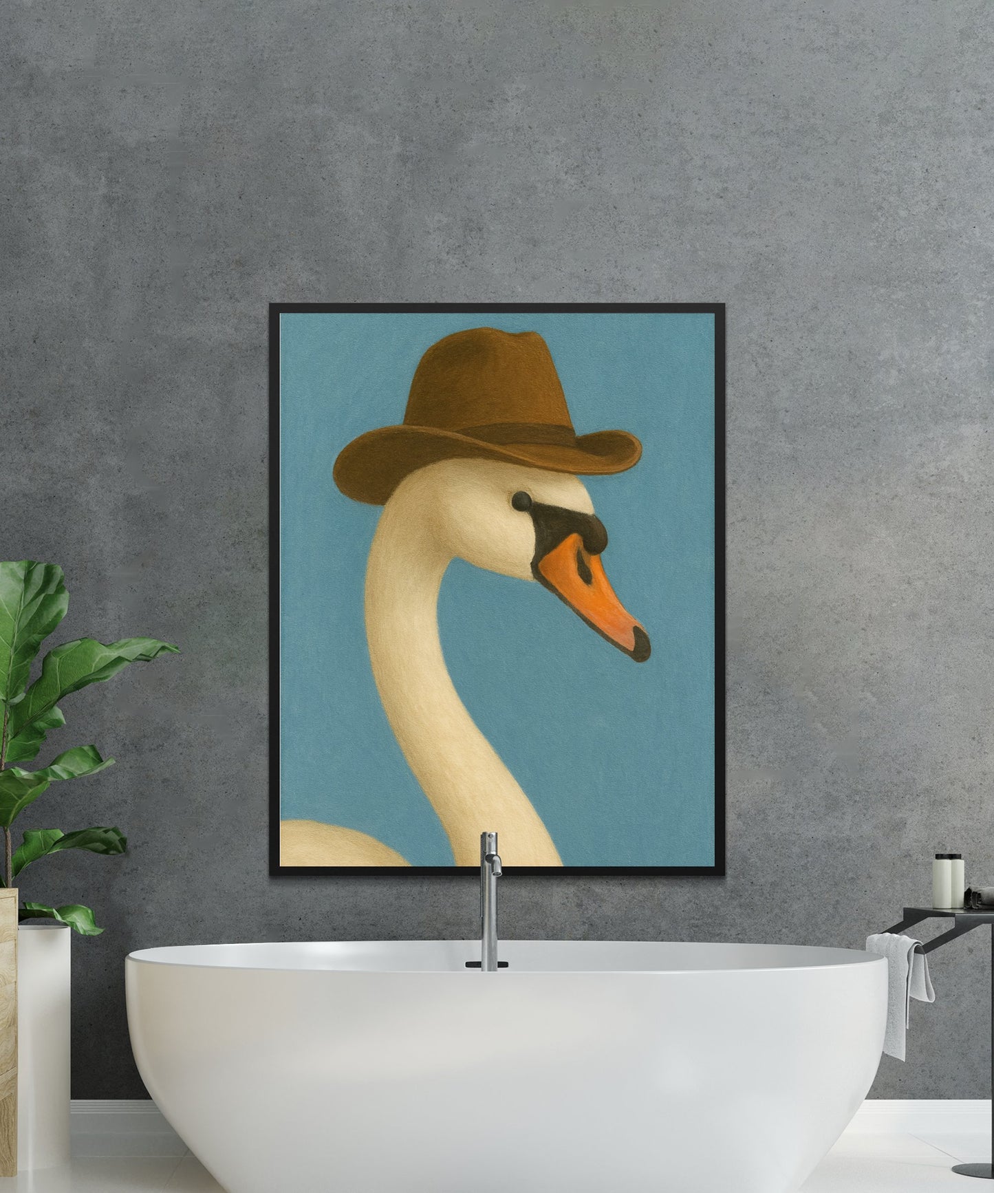 Elegant Swan Art Print with Hat, Modern Blue and Beige Wall Decor for Bathroom or Living Room