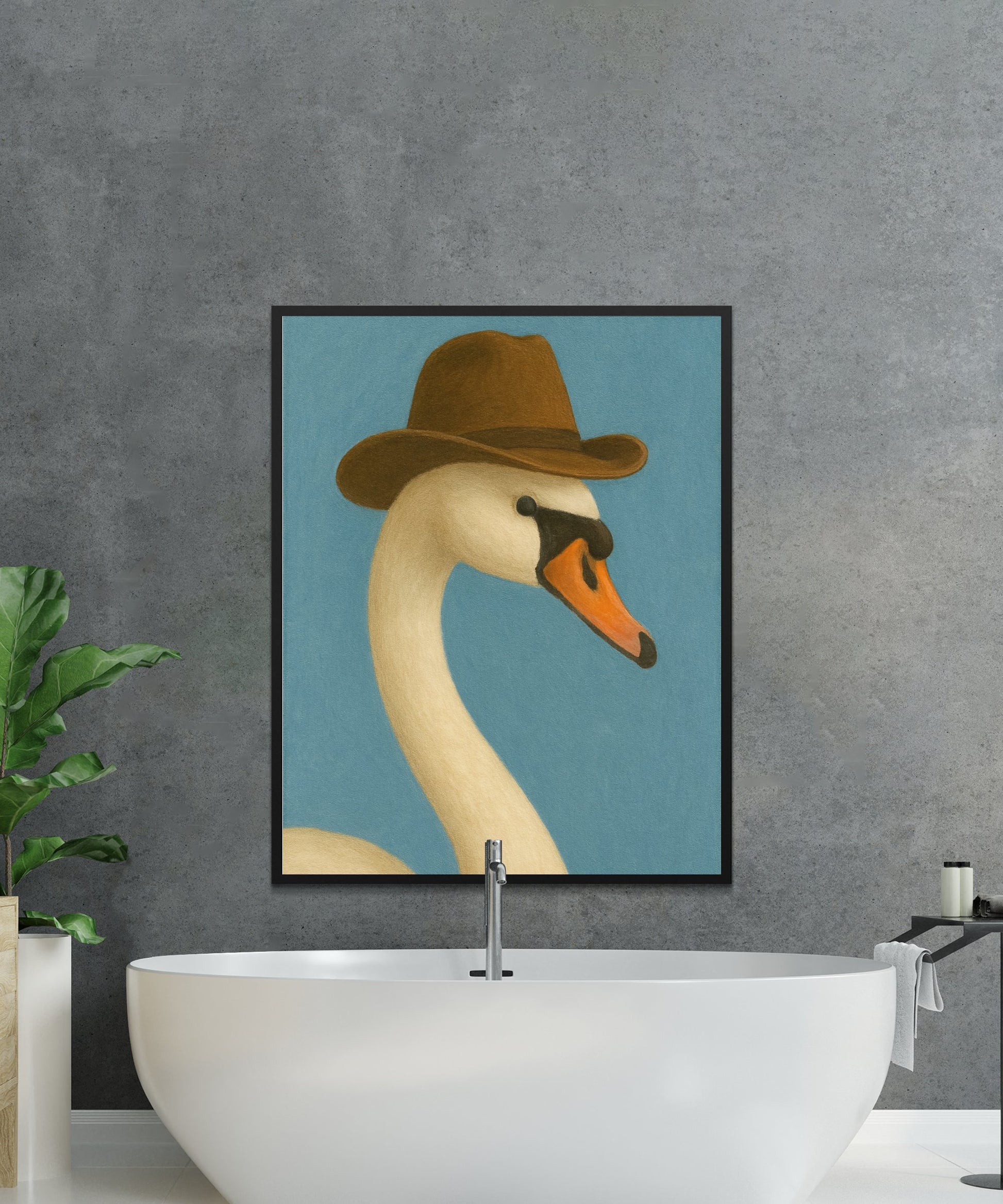 Elegant Swan Art Print with Hat, Modern Blue and Beige Wall Decor for Bathroom or Living Room