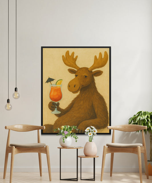 Whimsical Moose Painting with Cocktail, Rustic Wall Art, Modern Farmhouse Decor, Animal Canvas Print, Kitchen Artwork, Funny Moose Art