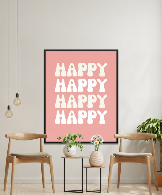 Happy Happy Happy Happy Wall Art Print, Modern Typography Poster, Minimalist Home Decor, Pink and White
