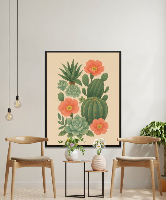 Botanical Cactus Print, Vintage Floral Desert Wall Art, Succulent Home Decor, Large Canvas Poster