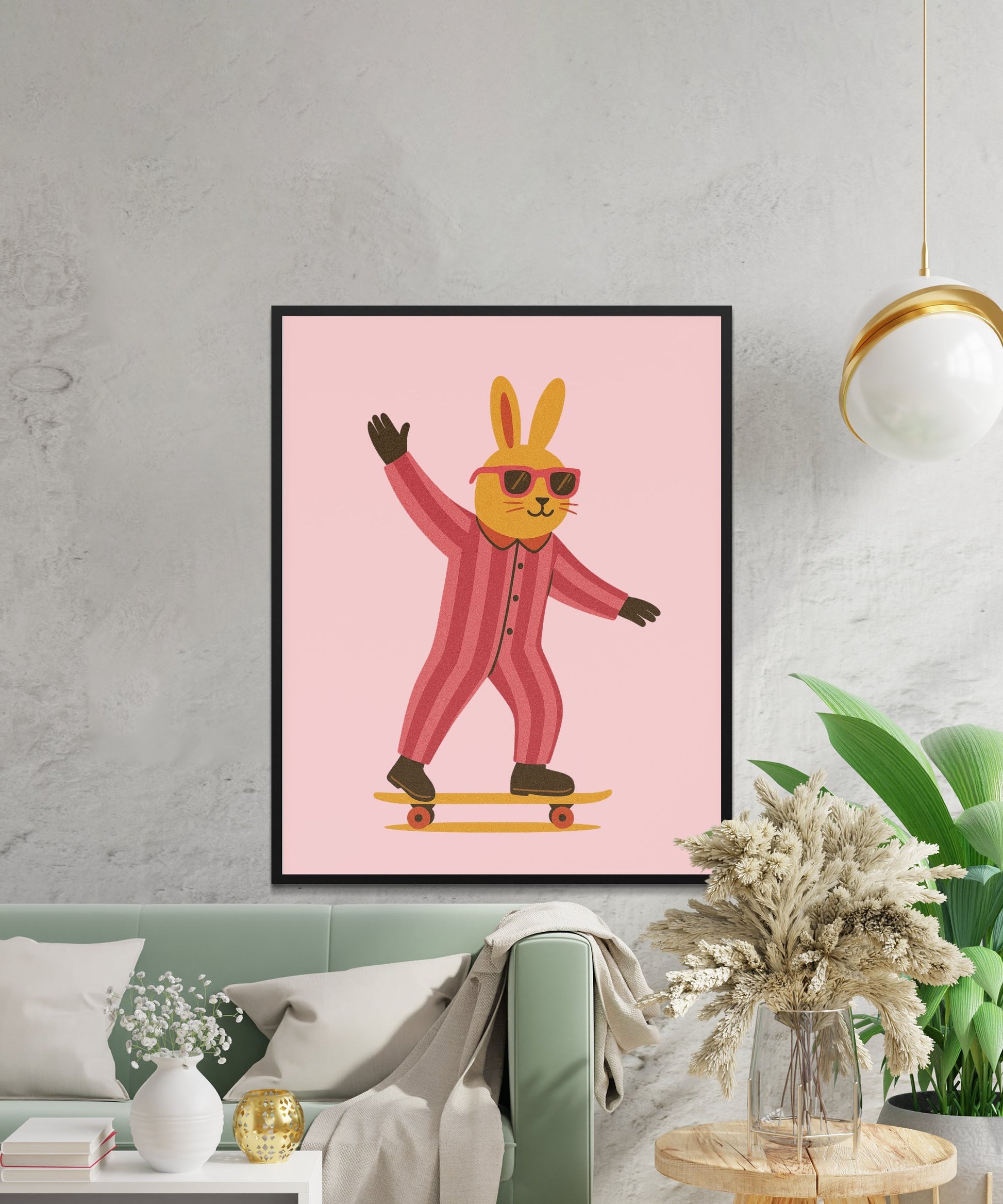 Funky Rabbit on Skateboard Art Print, Pink Cool Bunny Poster, Kids Room Wall Decor, Modern Home Interior Design