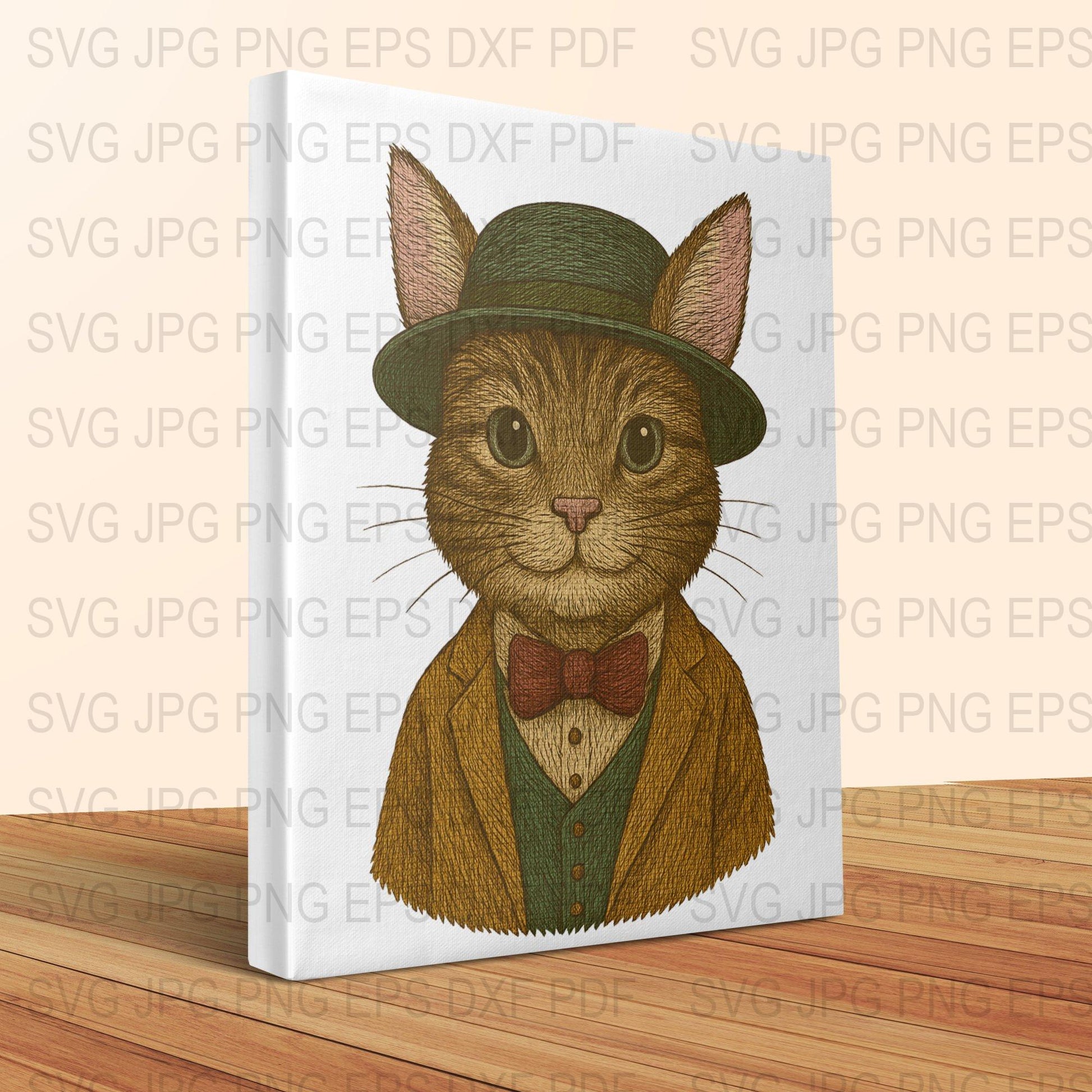 Dapper Cat in Hat SVG, JPG, EPS Files, Vintage Style Cat Illustration, Digital Download, Cute Cat Graphic, Pet Lover Gift Idea