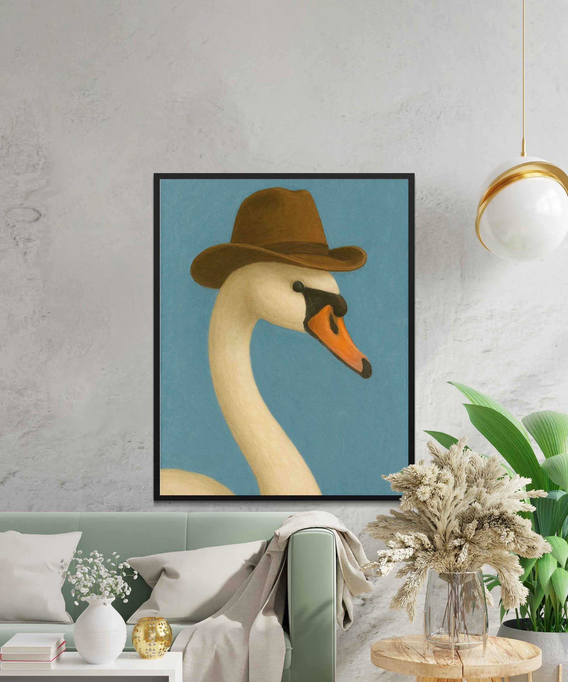 Quirky Swan with Hat Art Print, Modern Wall Decor, Unique Living Room Artwork, Whimsical Animal Portrait