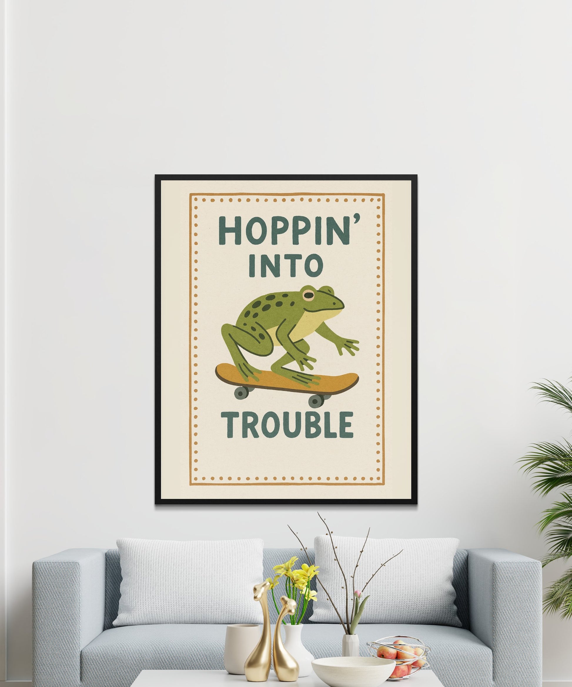 Hoppin' Into Trouble Frog Poster, Cute Animal Wall Art, Playful Nursery Decor, Kids Room Illustration, Fun Gift