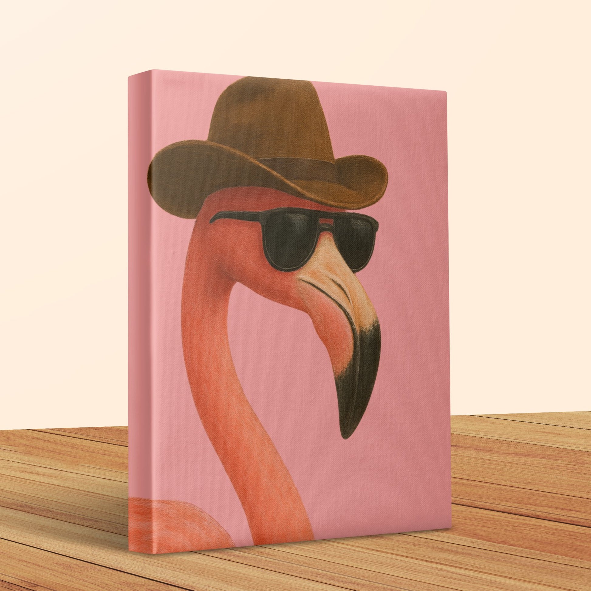 Whimsical Flamingo Canvas Art Print, Pink Background, Quirky Wall Decor, Stylish Sunglasses and Hat Design