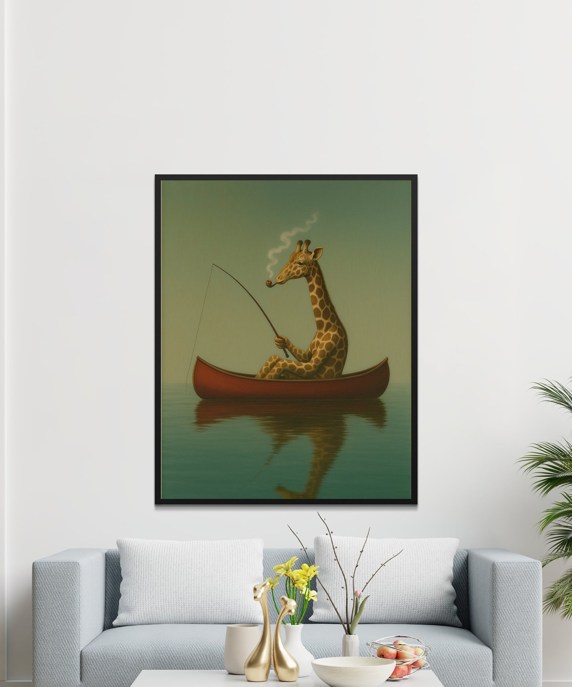 Whimsical Giraffe Fishing Art Print, Surreal Animal Boat Poster, Living Room Wall Decor, Unique Quirky Home Interior Design