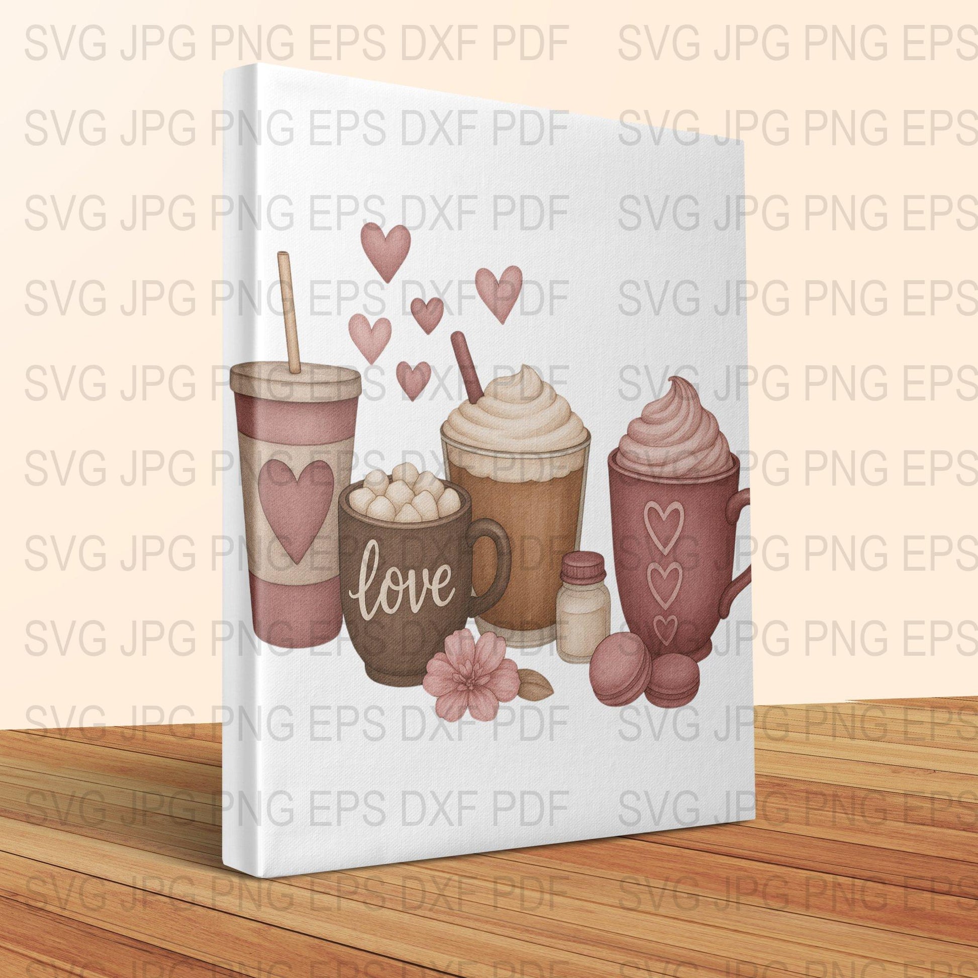 Coffee Love SVG Bundle, Cafe Drink Clipart, Hot Chocolate, Latte Design, Digital Download, Cricut Files, Hearts and Flowers Graphic