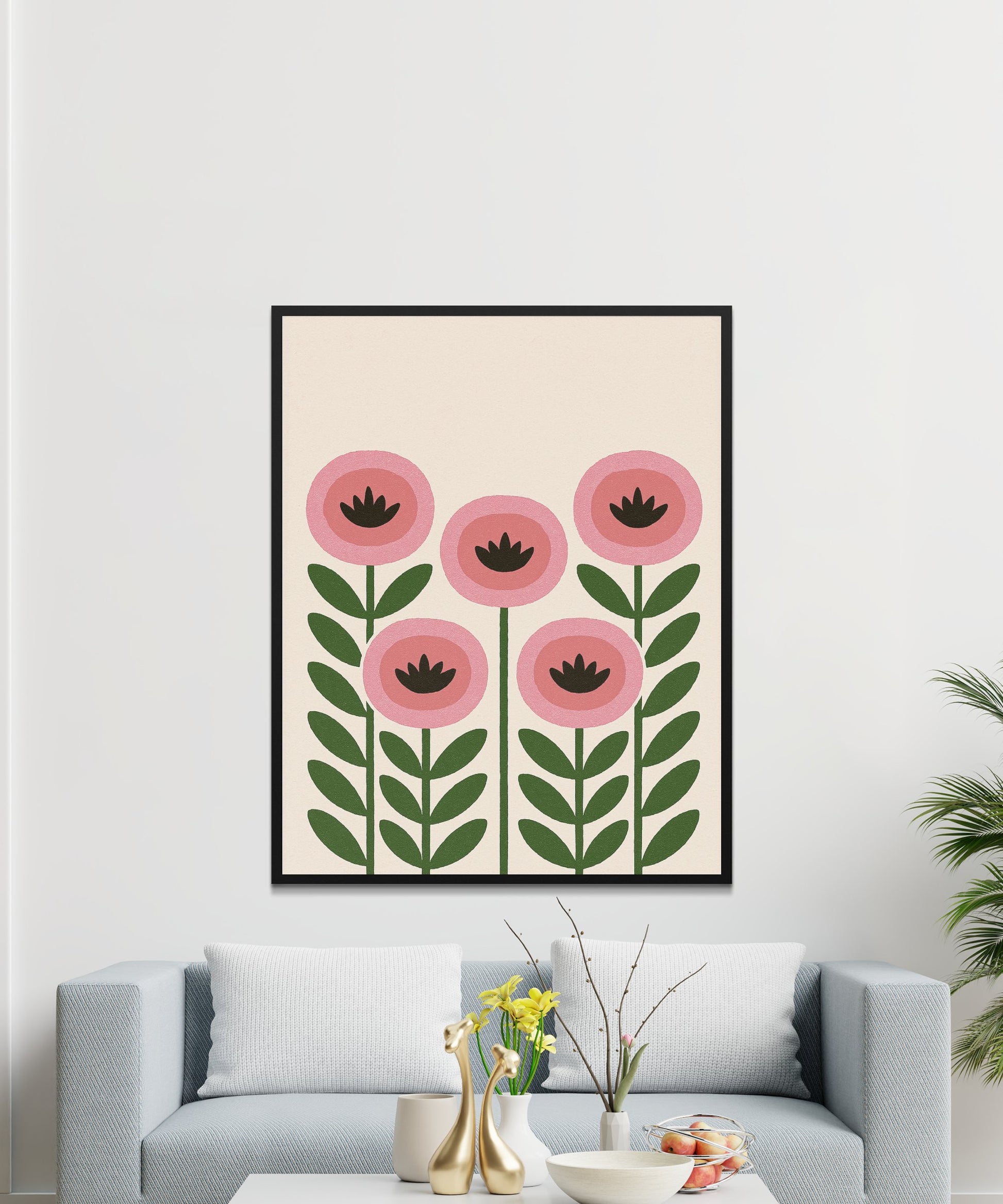 Modern Floral Wall Art Print, Pink and Green Flowers Poster, Minimalist Home Decor, Living Room Decoration
