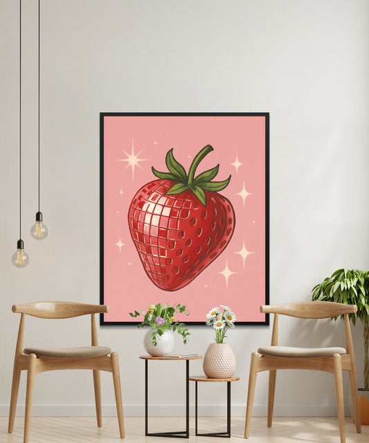 Large Strawberry Wall Art Print, Modern Kitchen Decor, Pink Fruit Poster, Vegan Gift Idea, Home Dining Room Decoration