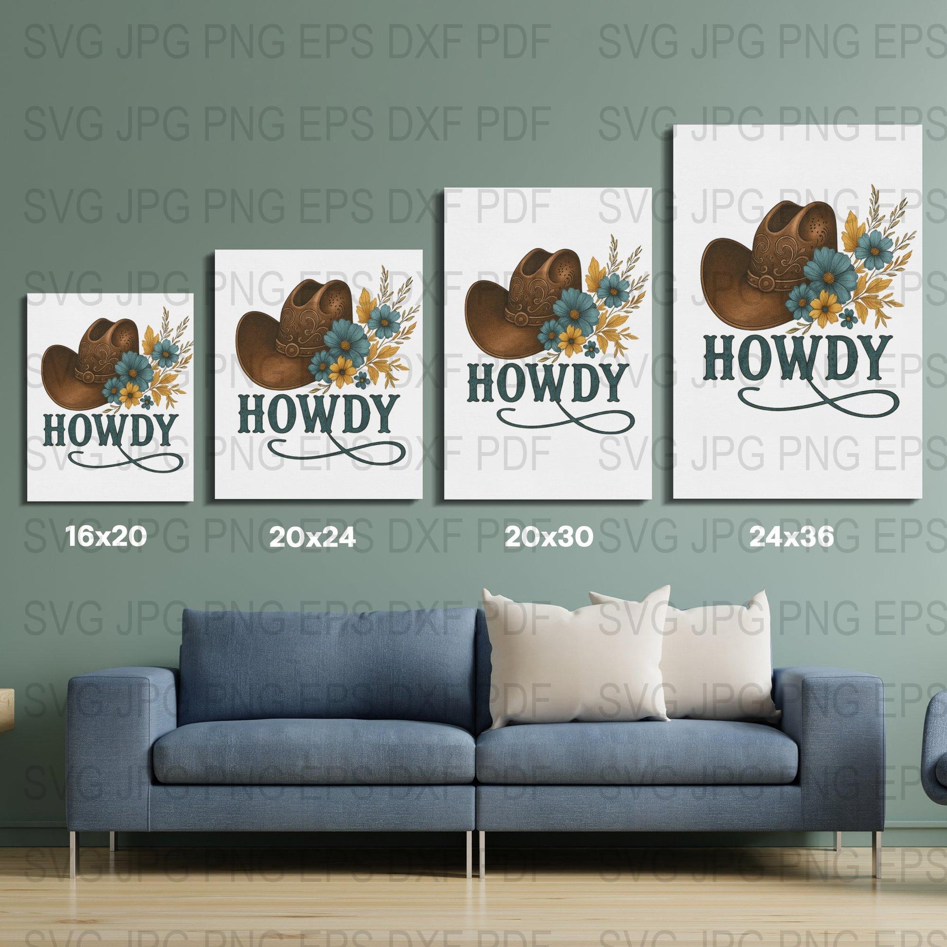 Howdy Floral Cowboy Boots Printable Wall Art, Rustic Western Decor, Digital Download, Blue Flowers, svg jpg png Files, Home Interior