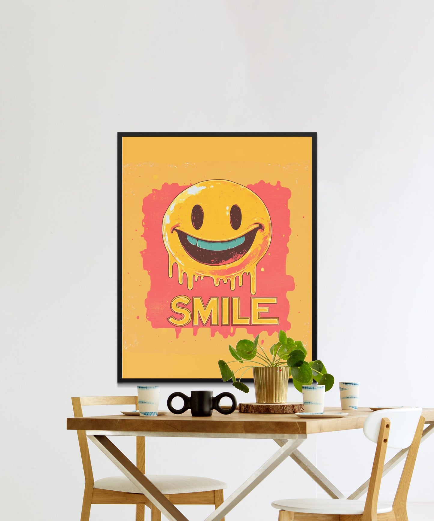 Colorful Smile Dripping Paint Poster, Vibrant Yellow Wall Art, Modern Home Decor, Cheerful Office Decoration, Graphic Print Canvas