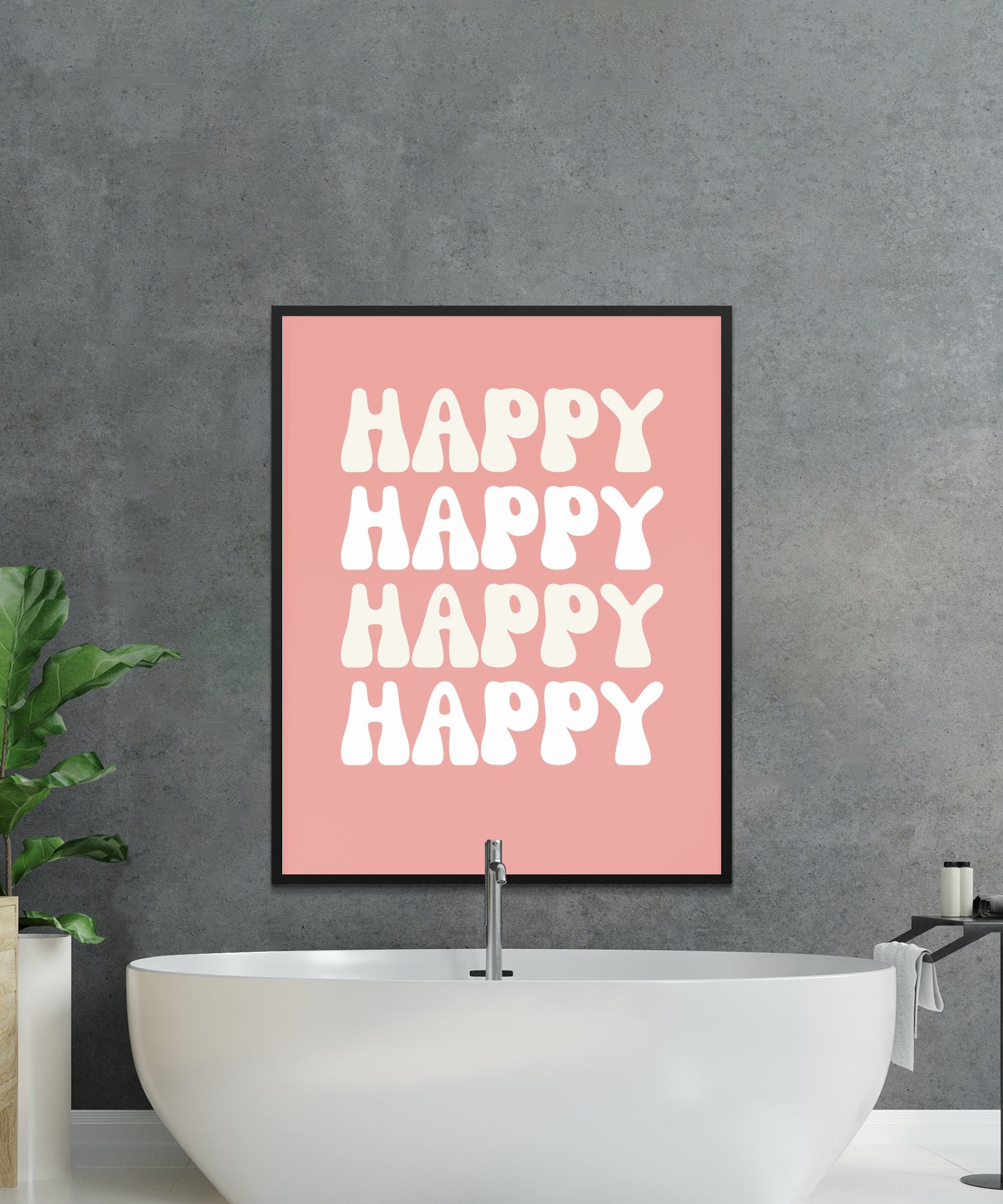 Modern Happy Word Art Poster, Minimalist Typography Wall Art, Pink and Gray Home Decor