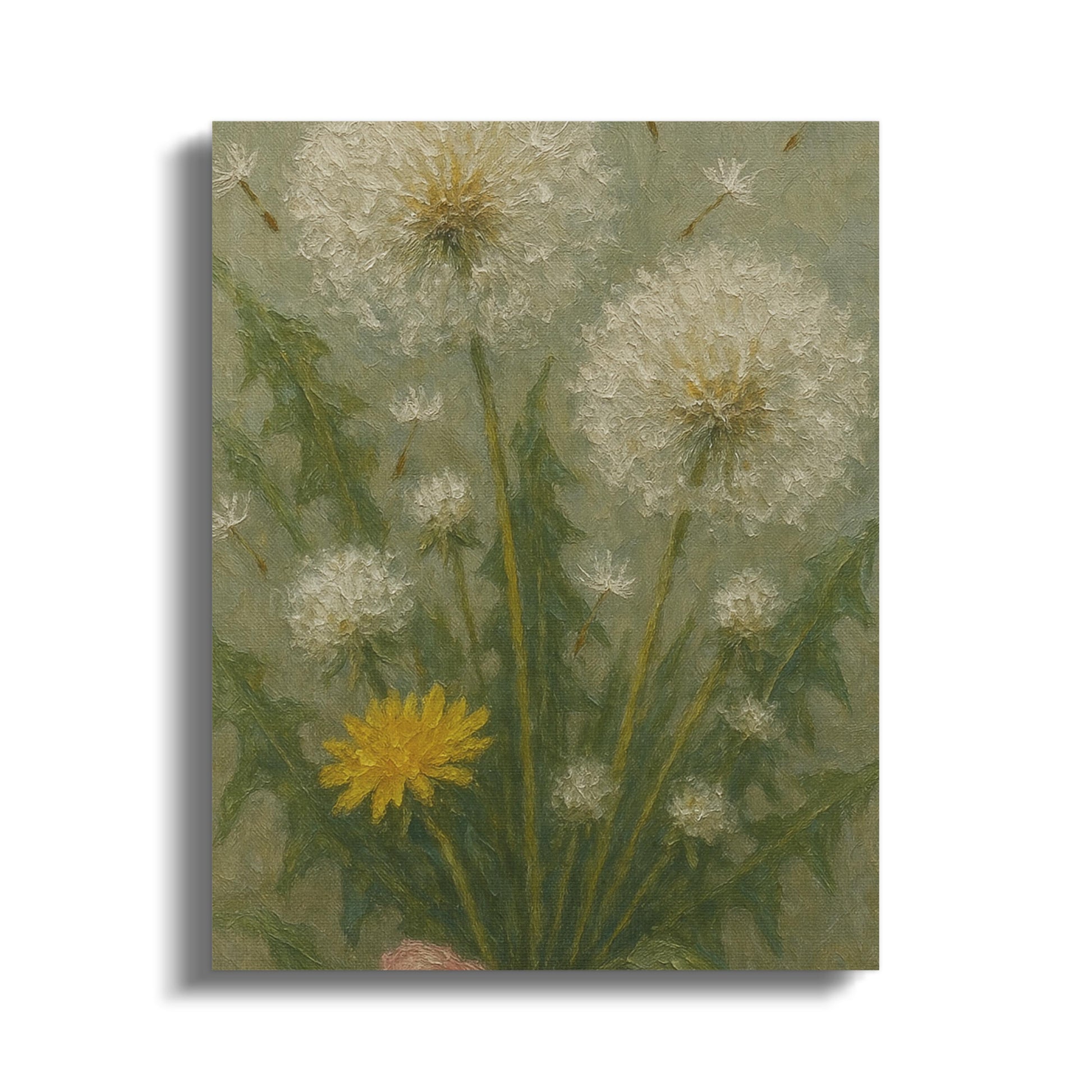 Vintage Dandelion Painting Print, Rustic Floral Wall Art, Botanical Canvas Decor, Nature Inspired Home Decoration, Soft Green Background