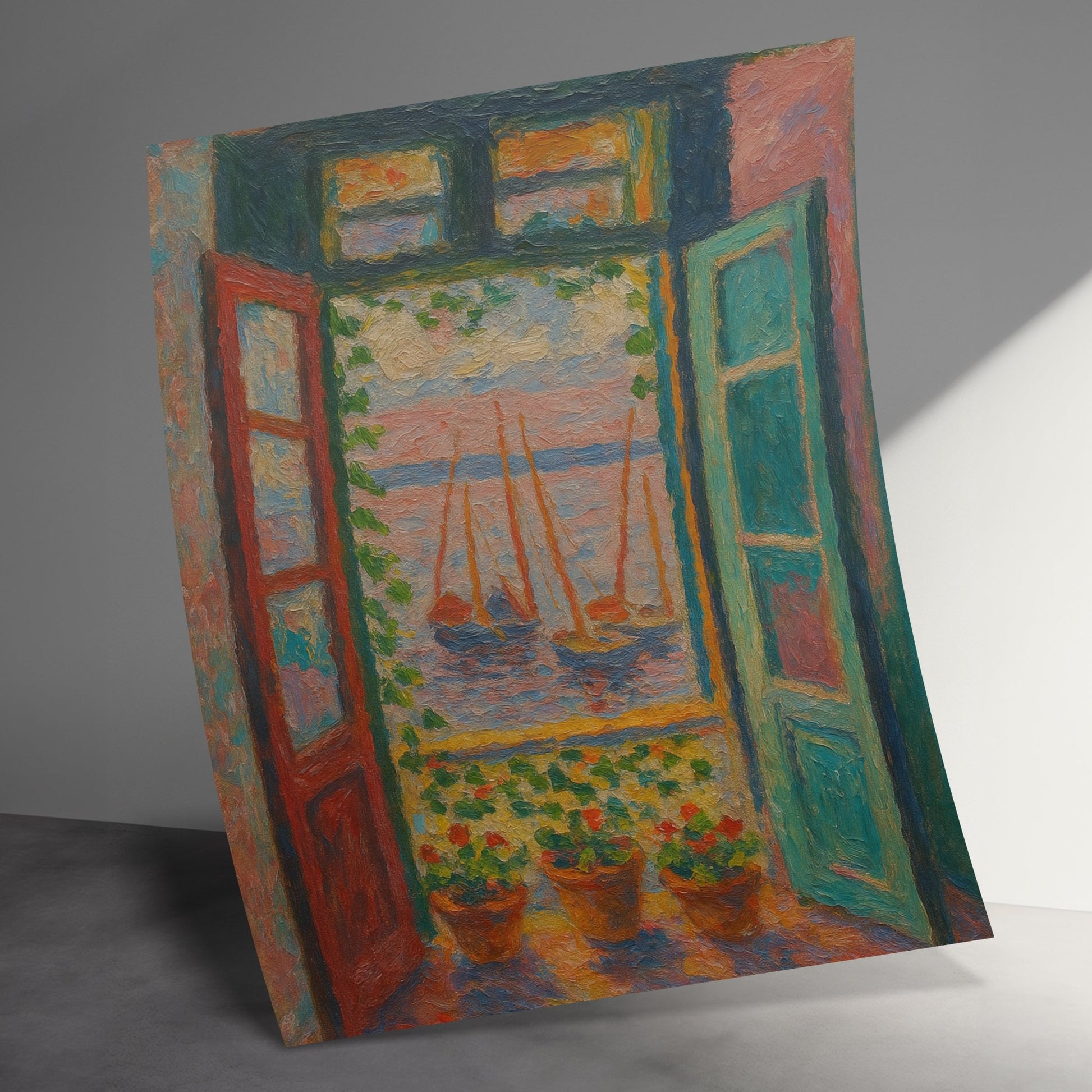 Colorful Abstract Painting, Window and Sailboat Scene, Vibrant Wall Art Decor, Textured Oil Canvas