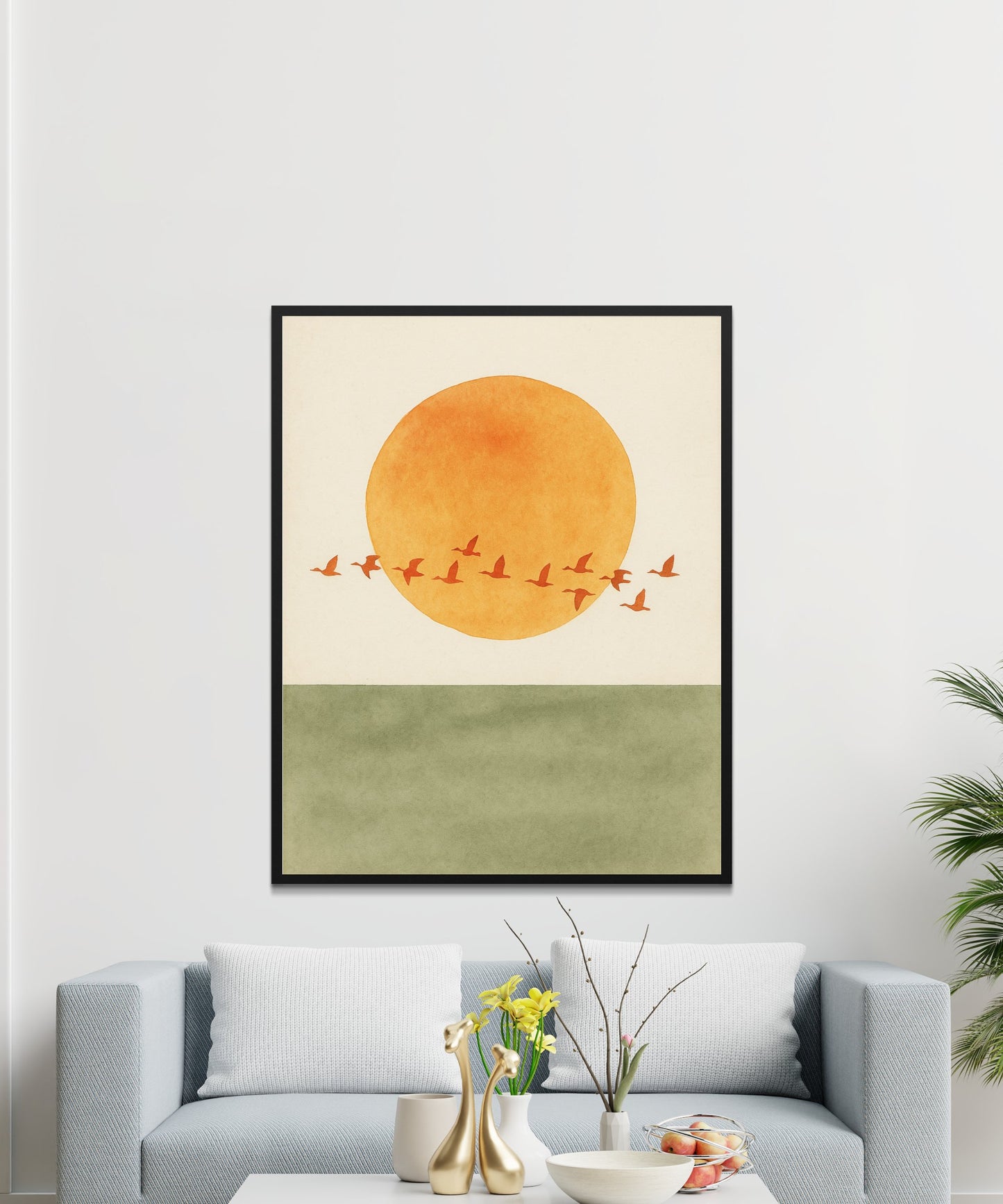 Large Sunset Print with Birds, Minimalist Orange Wall Art, Abstract Nature Decor for Living Room
