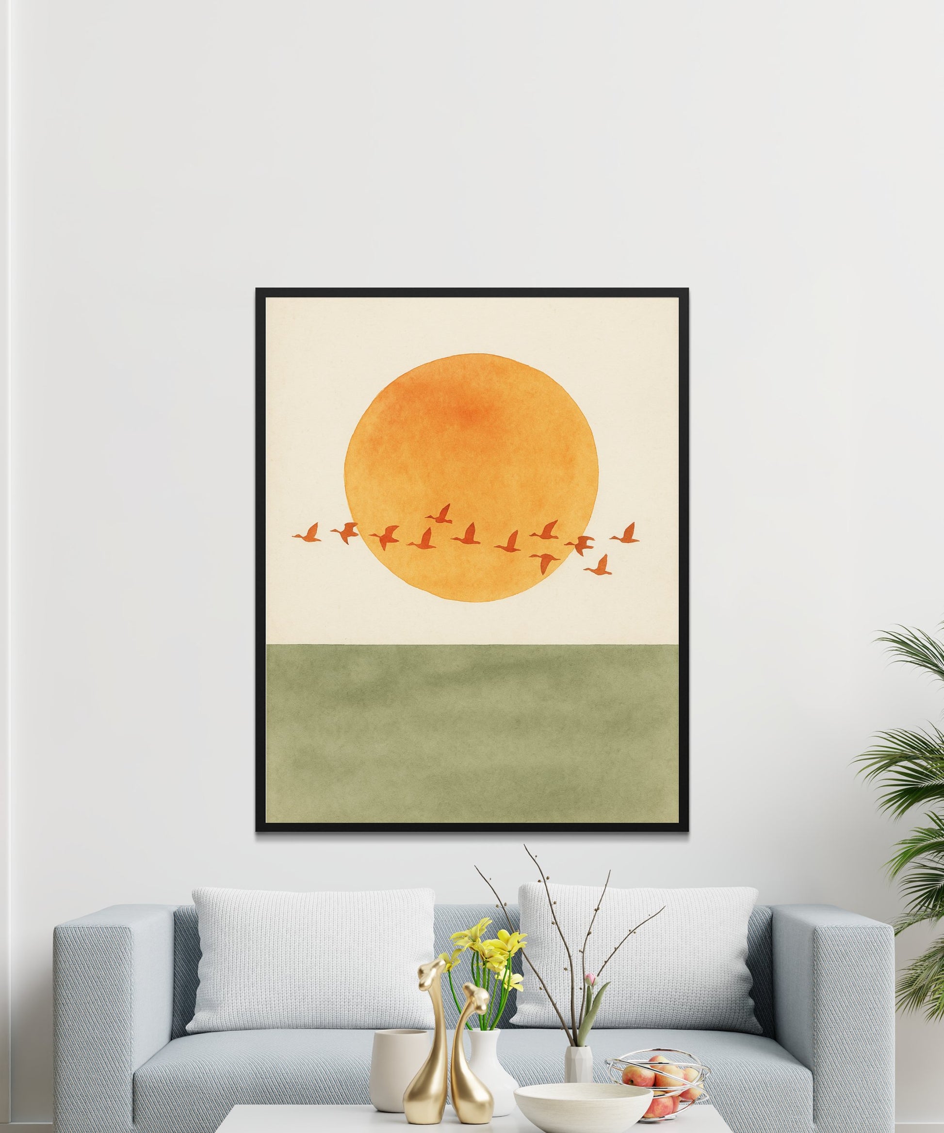 Large Sunset Print with Birds, Minimalist Orange Wall Art, Abstract Nature Decor for Living Room