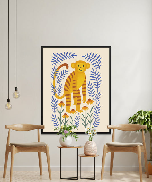 Monkey Art Print, Colorful Jungle Animal Poster, Nursery Wall Decor, Kids Room, Tropical Theme, Home Decor