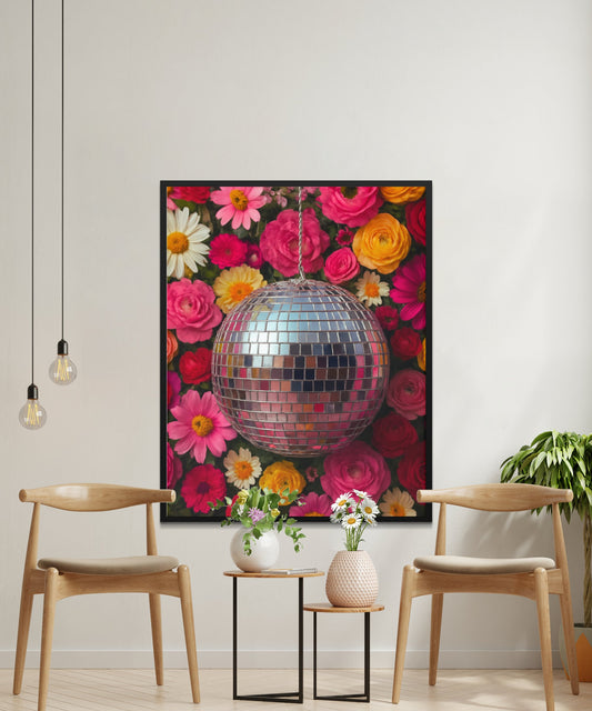 Floral Disco Ball Canvas Print, Colorful Flower Wall Art, Modern Home Decor, Living Room Decoration
