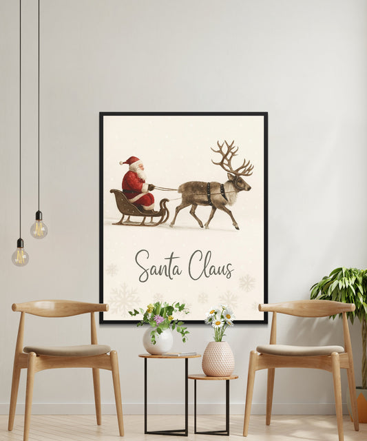 Vintage Santa Claus Reindeer Wall Art, Christmas Holiday Decor, Festive Home Interior Poster, Seasonal Gift Idea