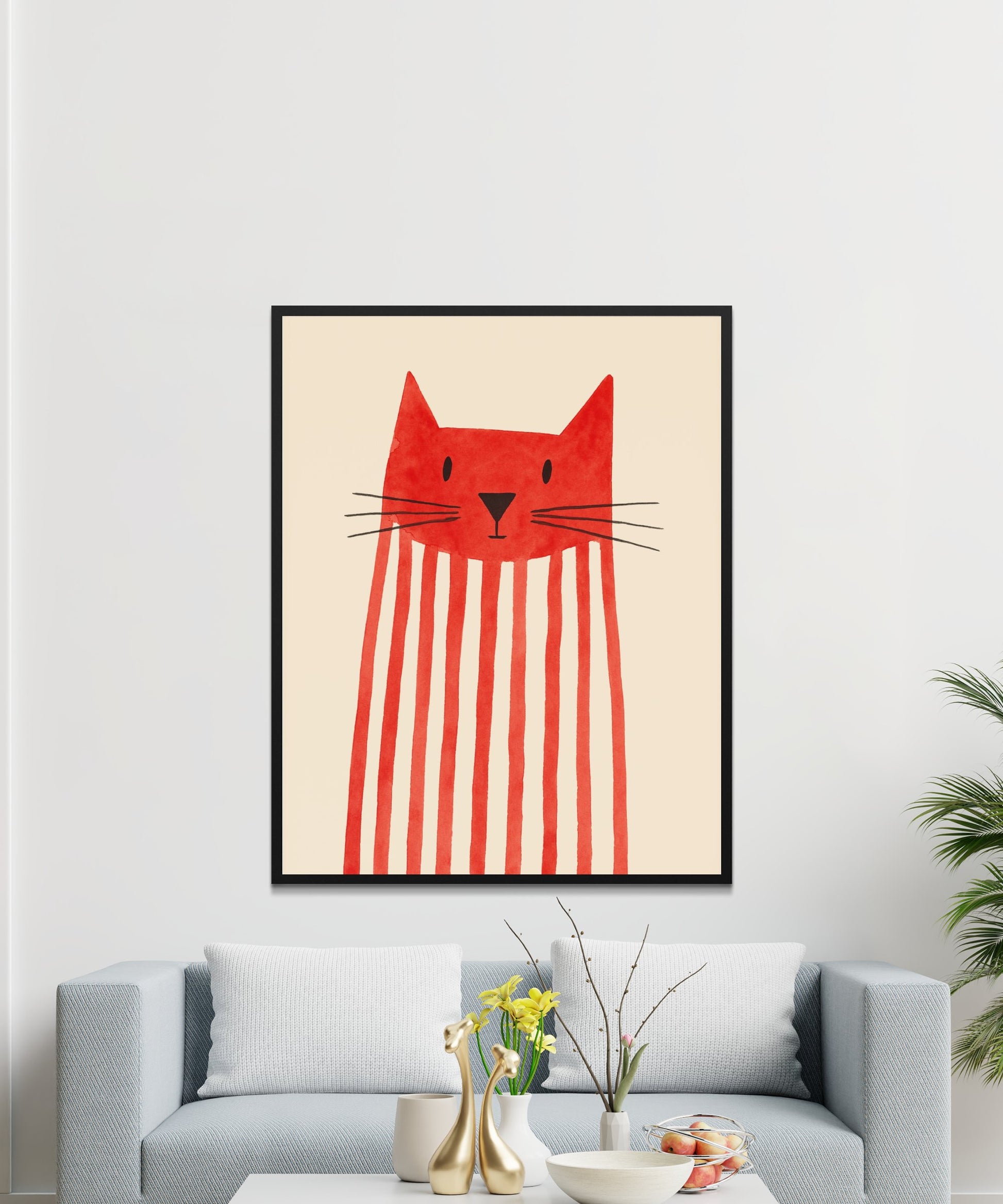 Modern Red Cat Art Print, Minimalist Striped Cat Wall Decor, Abstract Animal Illustration, Contemporary Living Room Artwork