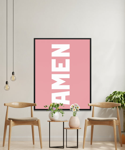 Modern Amen Wall Art, Minimalist Typography Poster, Pink Religious Home Decor, Spiritual Living Room Print, Bold Statement Art Piece