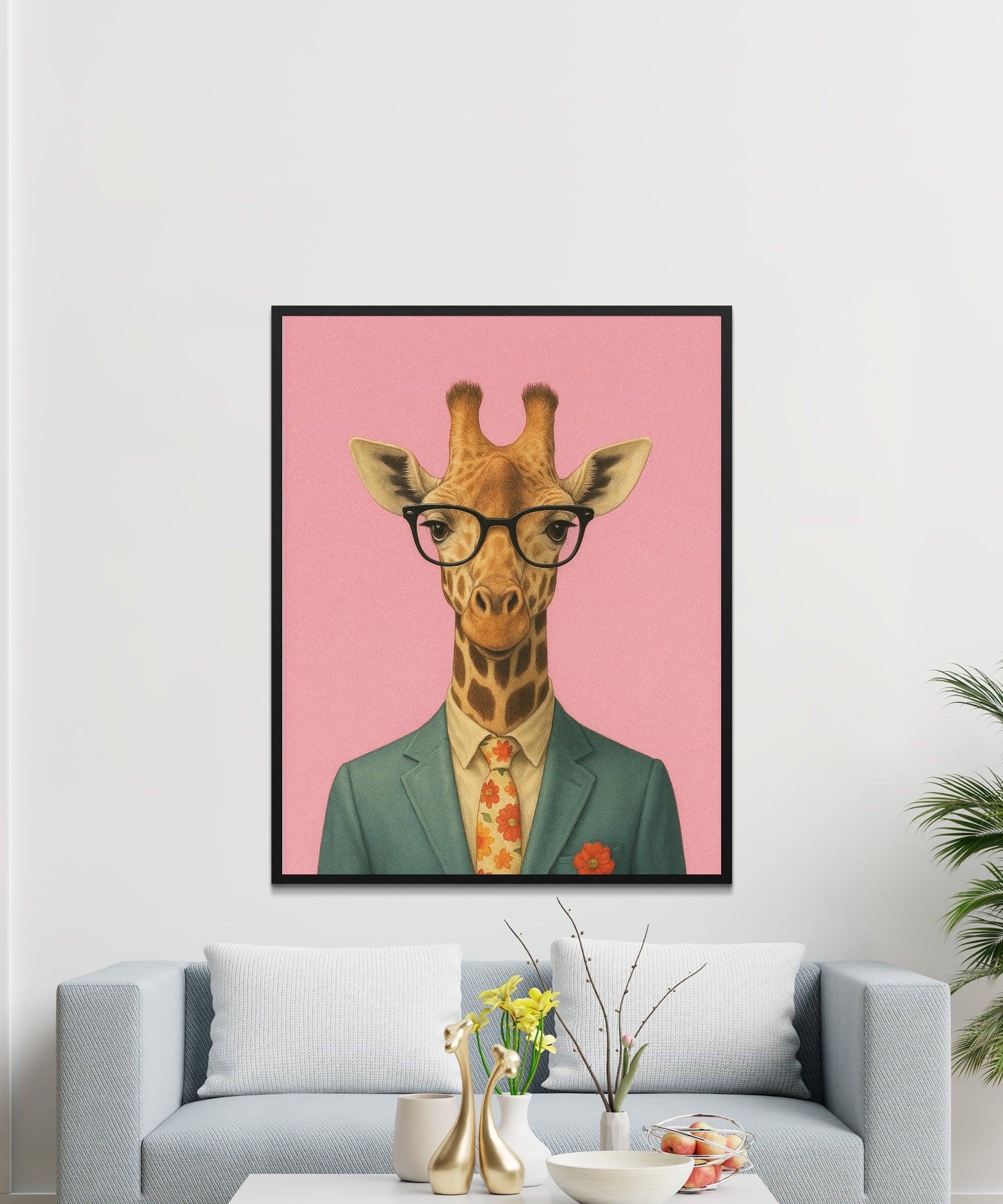Quirky Giraffe in Suit Art Print, Whimsical Animal Portrait, Office Wall Decor, Unique Living Room Artwork, Colorful Modern Illustration