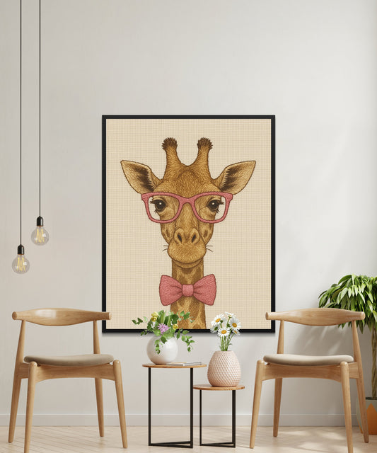 Cute Giraffe Art Print, Quirky Wall Decor, Funny Animal Picture with Glasses and Bow Tie, Kids Room Poster
