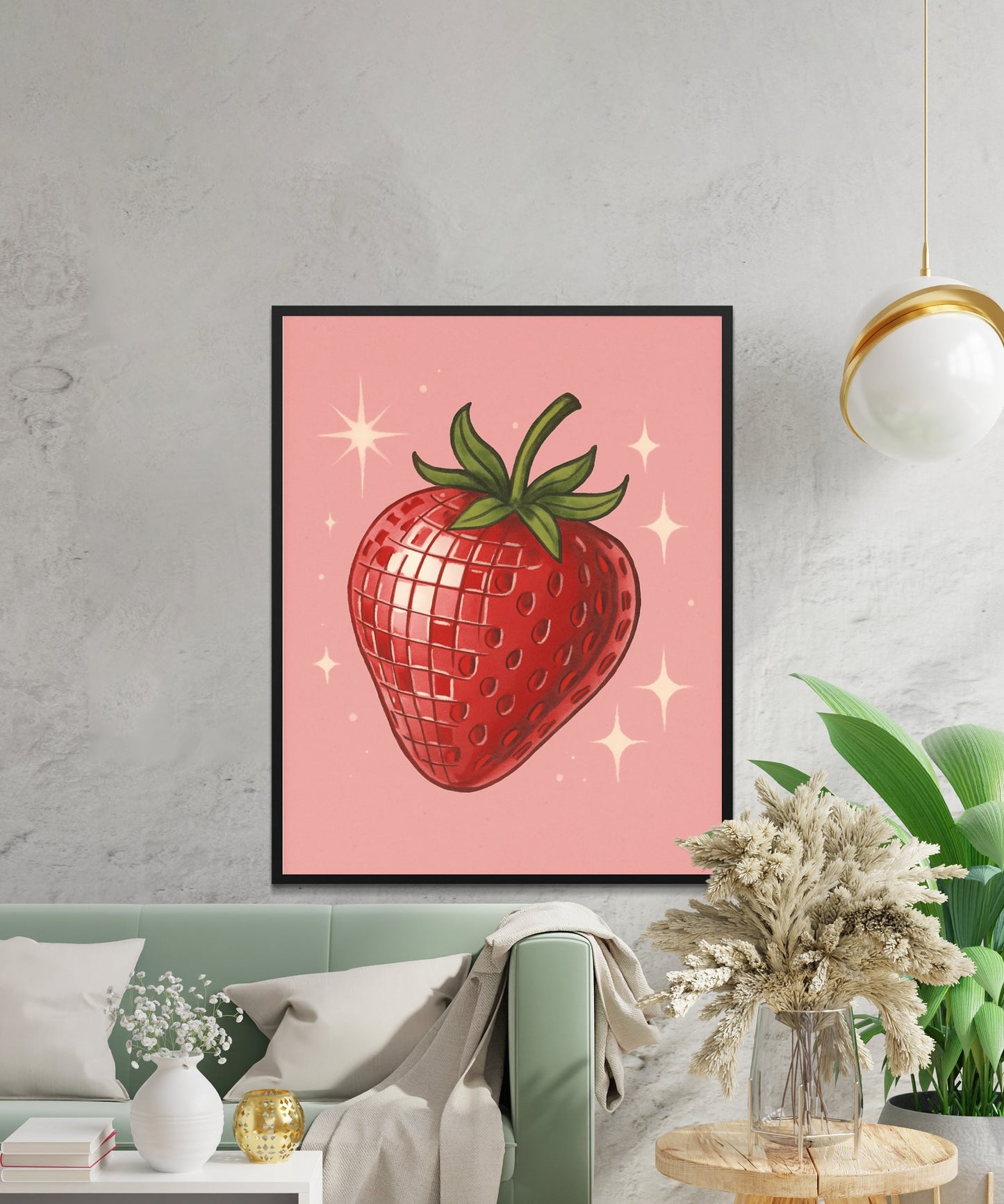 Sparkling Red Strawberry Art Print, Modern Kitchen Wall Decor, Vibrant Fruit Poster, Home Interior Design, Trendy Living Room Accessory